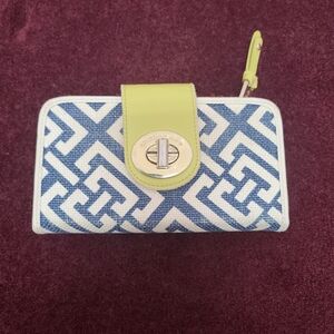 Blue and White Patterned Spartina Wallet with Green And Orange Accents